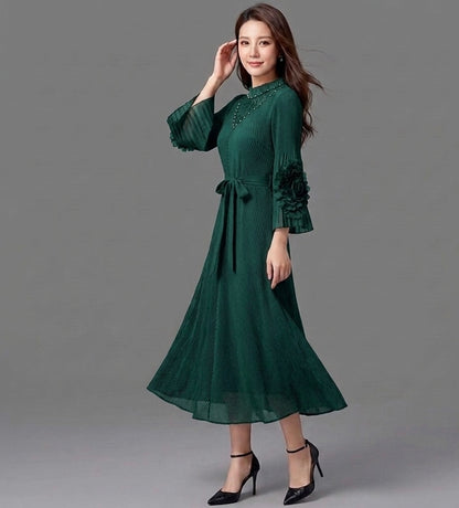 Imported High-End Pleated Magic Fabric Dress with Designer Sleeves