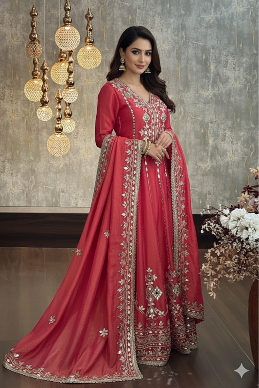 Red Designer Partywear Shimmer Tissue Anarkali Suit With Gota Patti And Mirror Work