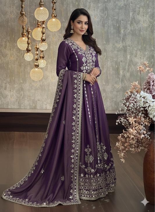 Designer Partywear Shimmer Tissue Anarkali Suit With Gota Patti And Mirror Work