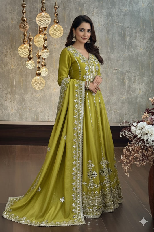 Designer Partywear Shimmer Tissue Anarkali Suit With Gota Patti And Mirror Work