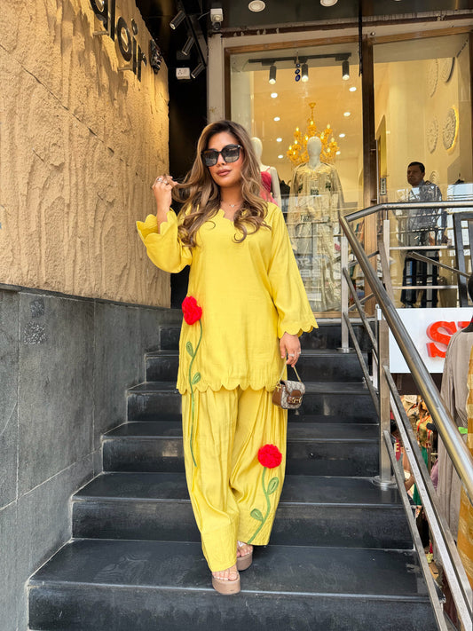 Designer 3D Rose Patch Kurta With Farshi Salwar