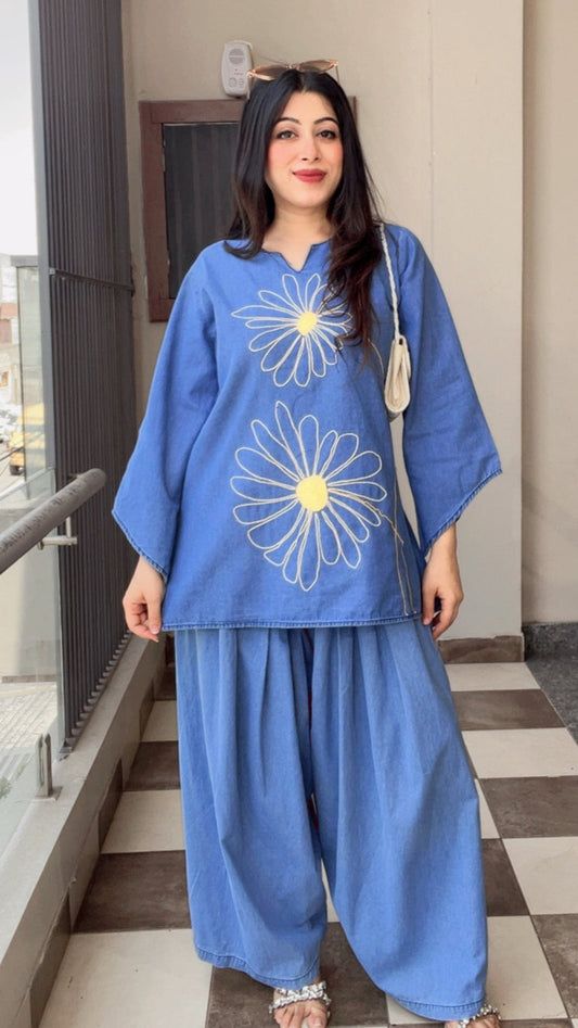 Designer Soft Denim Kurta With Farshi Salwar