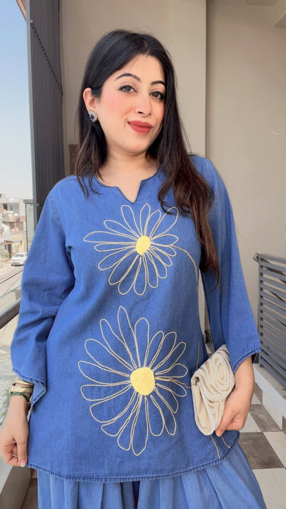 Designer Soft Denim Kurta With Farshi Salwar