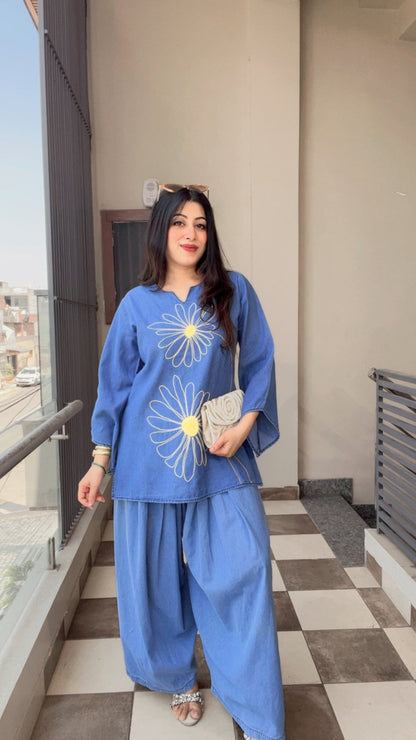 Designer Soft Denim Kurta With Farshi Salwar