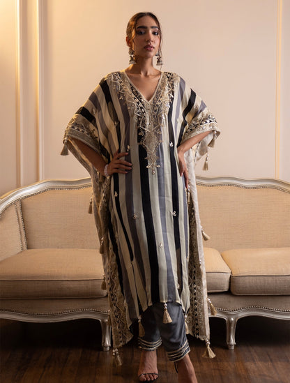 Partywear Designer Stripes Heavy Gota Embroidered Pure Crepe Kaftan set