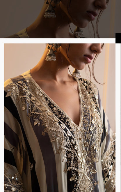 Partywear Designer Stripes Heavy Gota Embroidered Pure Crepe Kaftan set