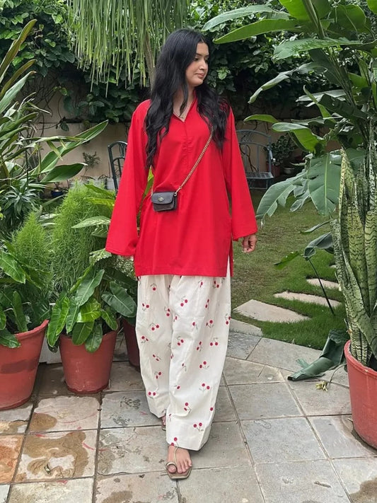 Pakistani Designer Red Kurta With Cherry Embroidery Farshi Salwar