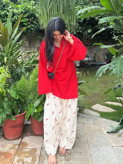 Pakistani Designer Red Kurta With Cherry Embroidery Farshi Salwar