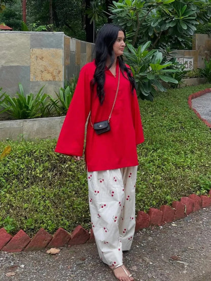 Pakistani Designer Red Kurta With Cherry Embroidery Farshi Salwar