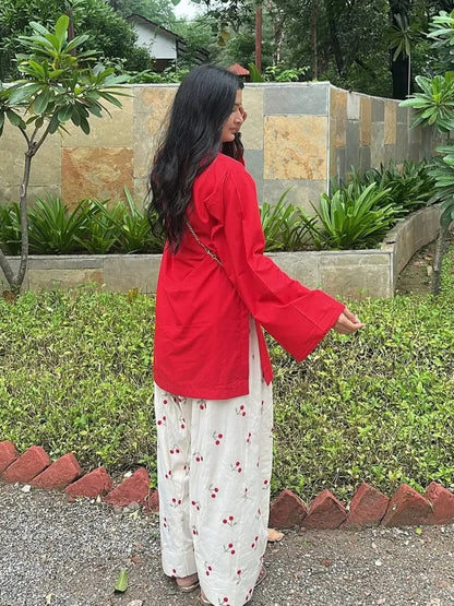 Pakistani Designer Red Kurta With Cherry Embroidery Farshi Salwar