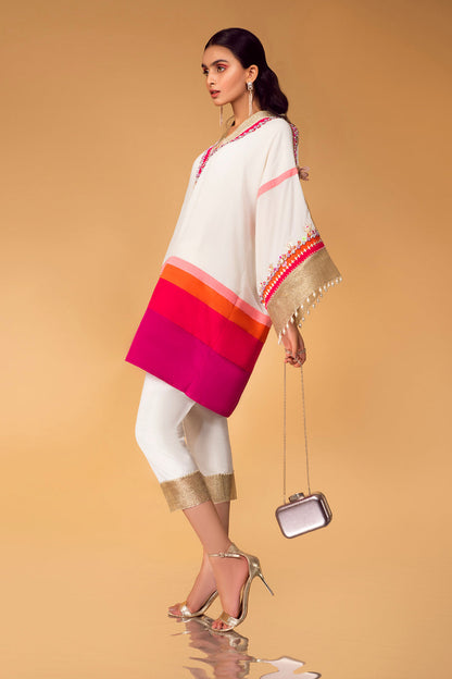Off White Pure Crepe Ombre Co-ord Set With Mirror Work And Pearl Embellishment