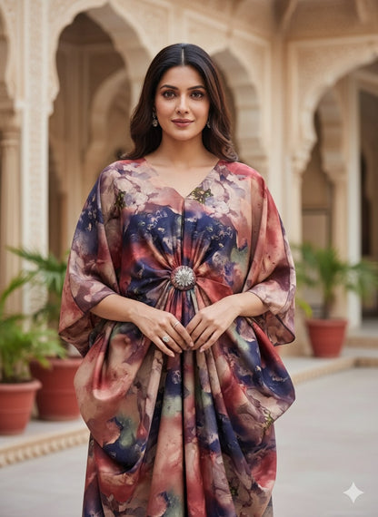 Imported Premium Satin Kaftan With Detachable Rhinestone Brooch