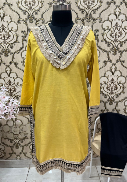 V-Neck Yellow Embellished Cotton Linen Co-ord Set