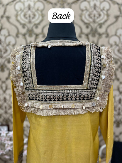 V-Neck Yellow Embellished Cotton Linen Co-ord Set