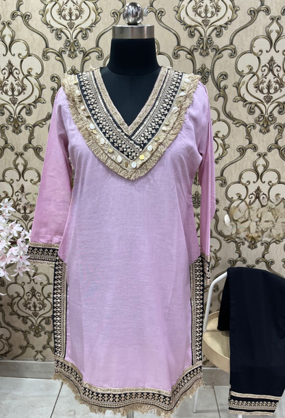 V-Neck Yellow Embellished Cotton Linen Co-ord Set