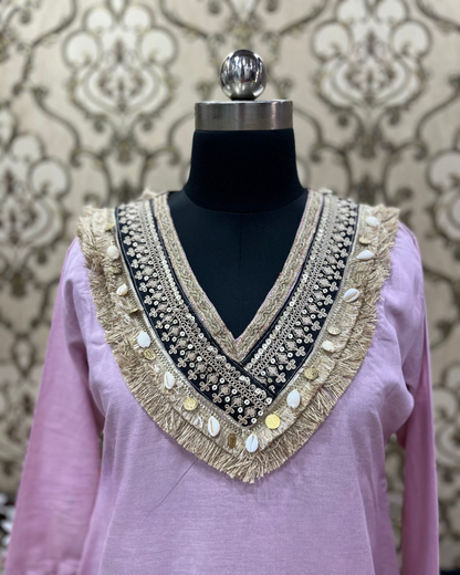 V-Neck Yellow Embellished Cotton Linen Co-ord Set