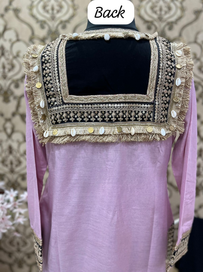 V-Neck Yellow Embellished Cotton Linen Co-ord Set