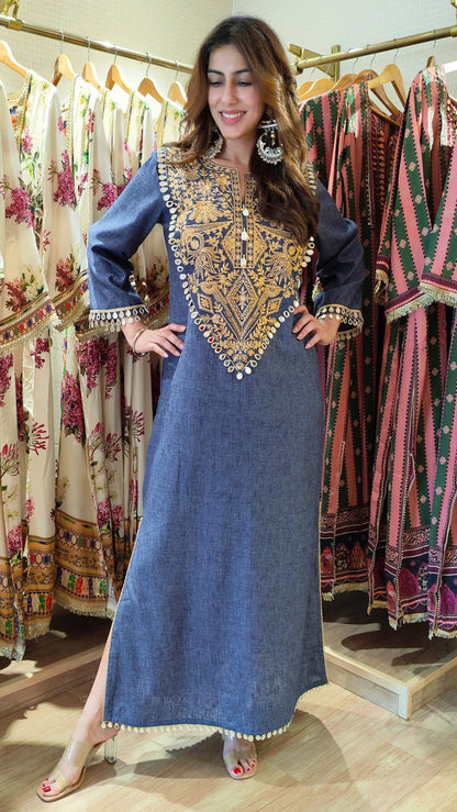 Celebrity Inspired Designer Denim Long Dress With Embroidery and Mirror Detailing