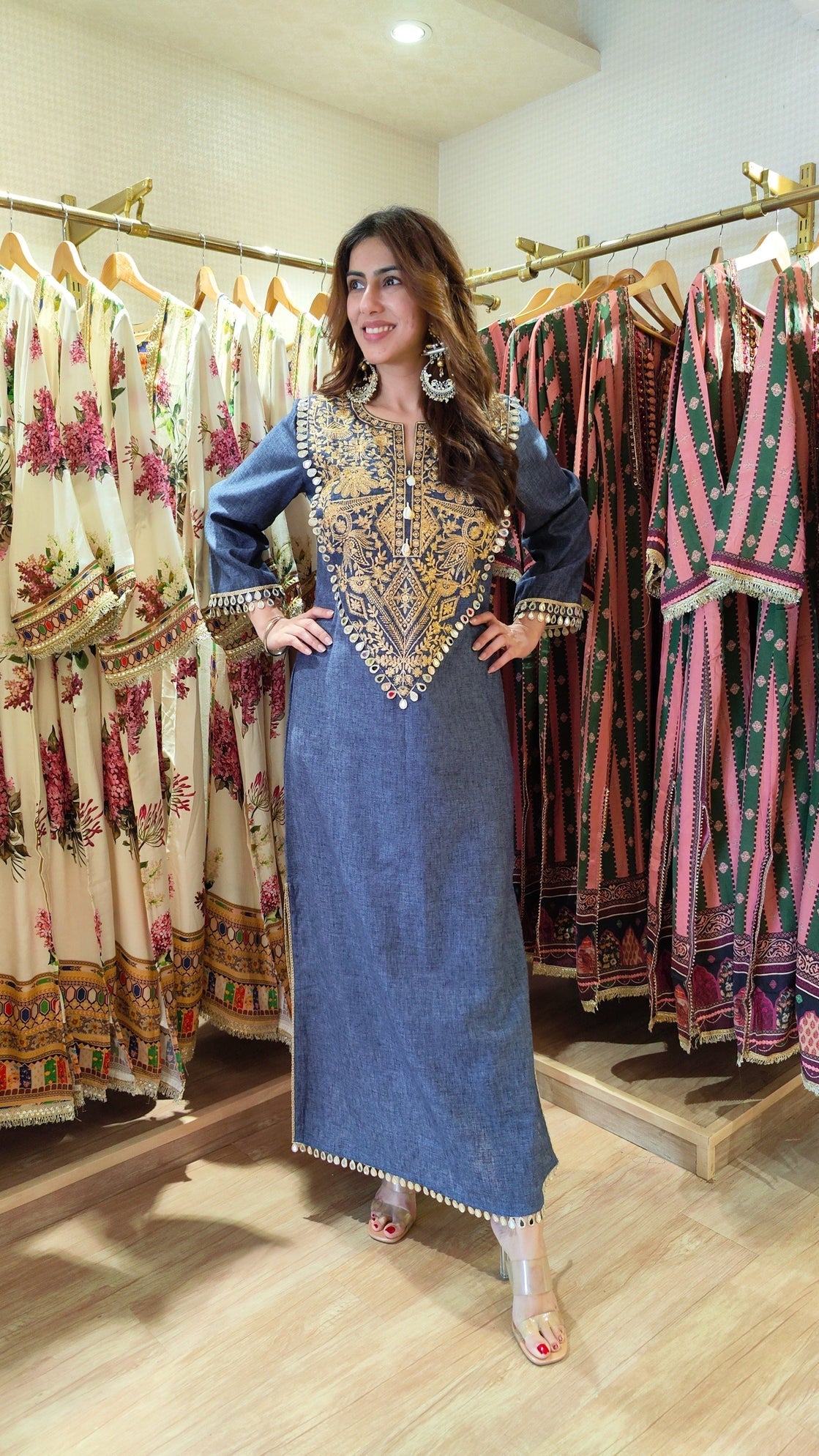 Celebrity Inspired Designer Denim Long Dress With Embroidery and Mirror Detailing