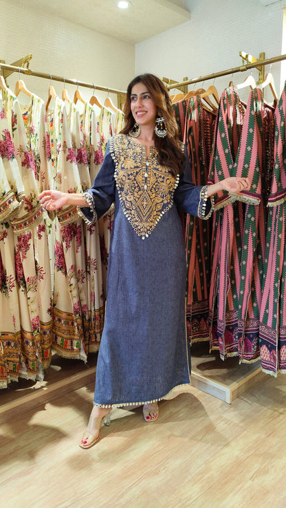 Celebrity Inspired Designer Denim Long Dress With Embroidery and Mirror Detailing