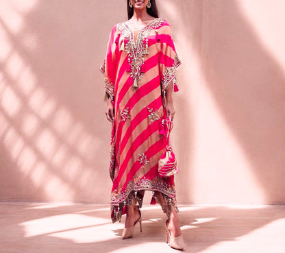 Designer Partywear Fuschia And Beige Pure Crepe Kaftan Set