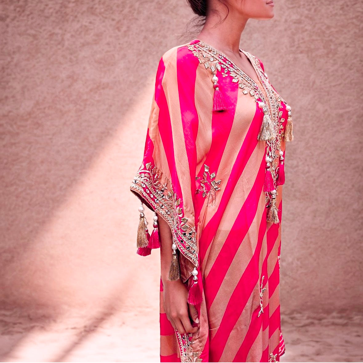 Designer Partywear Fuschia And Beige Pure Crepe Kaftan Set