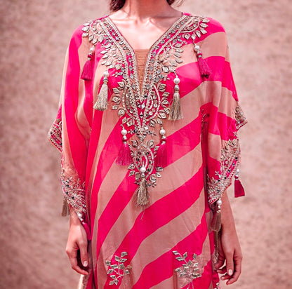 Designer Partywear Fuschia And Beige Pure Crepe Kaftan Set