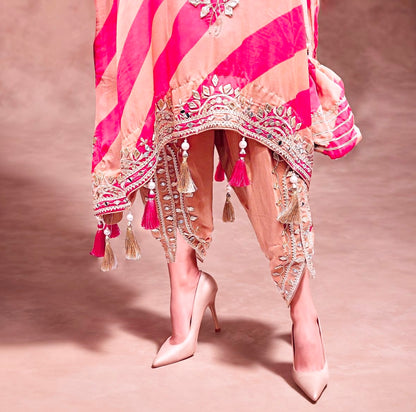 Designer Partywear Fuschia And Beige Pure Crepe Kaftan Set