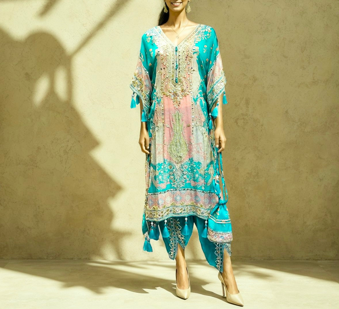 Pure Crepe Kaftan in Aqua Blue Colour