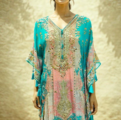 Pure Crepe Kaftan in Aqua Blue Colour