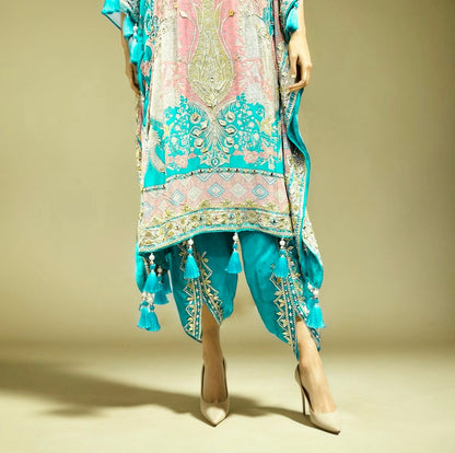 Pure Crepe Kaftan in Aqua Blue Colour