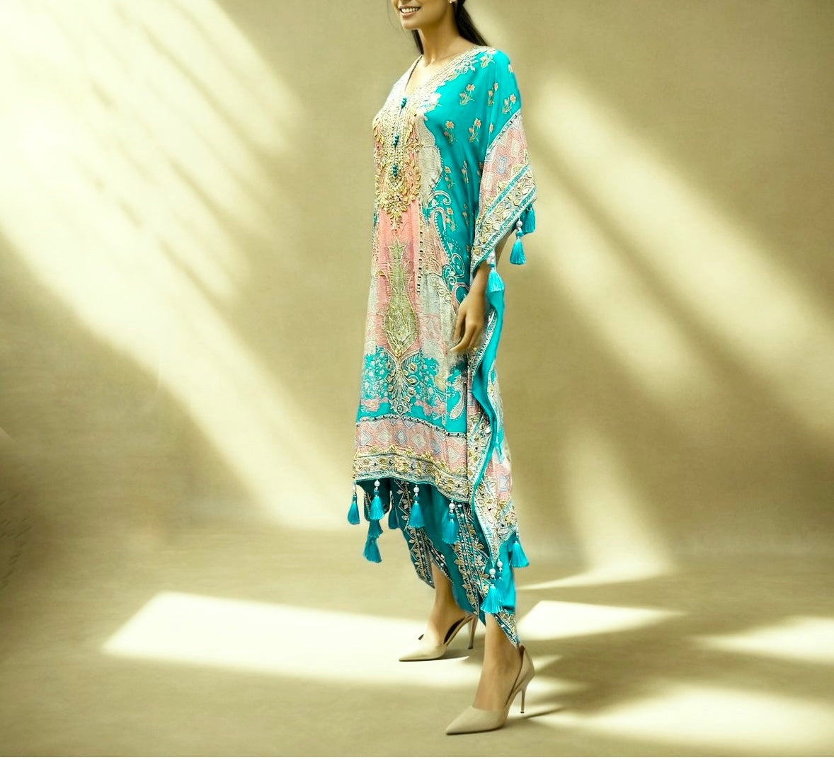 Pure Crepe Kaftan in Aqua Blue Colour