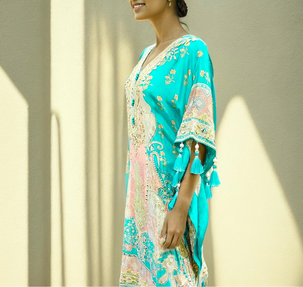 Pure Crepe Kaftan in Aqua Blue Colour