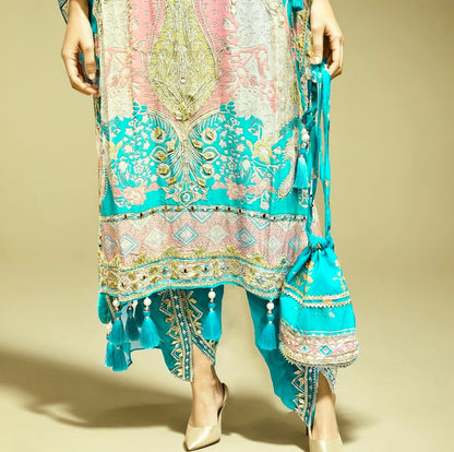 Pure Crepe Kaftan in Aqua Blue Colour