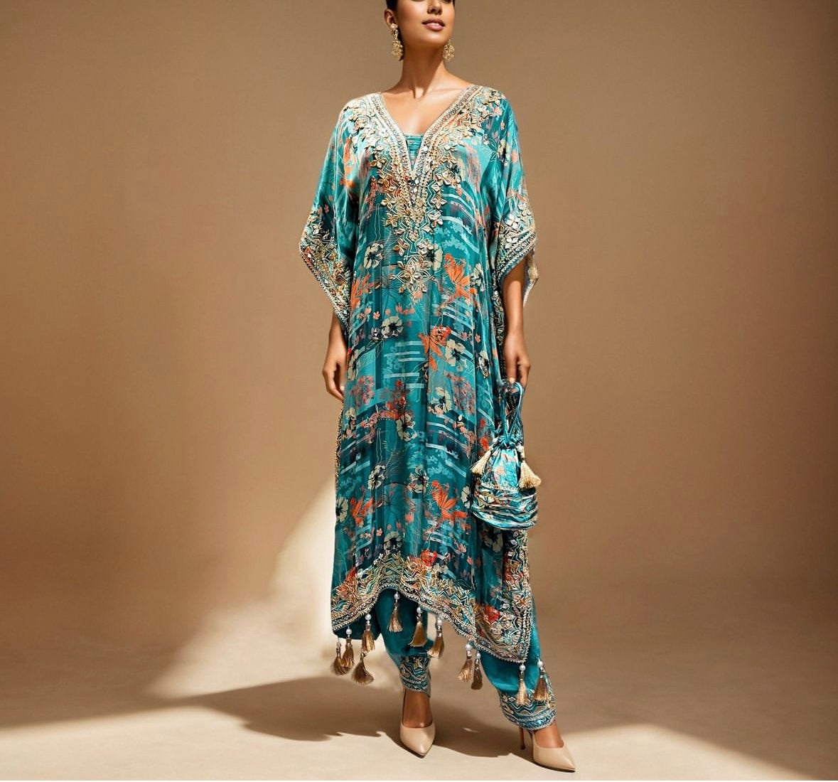 Pure Printed Crepe Kaftan with Gota Patti Work With Potli