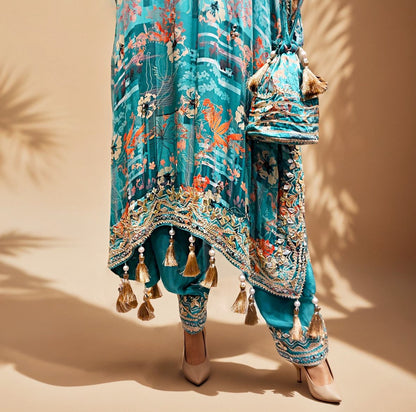 Pure Printed Crepe Kaftan with Gota Patti Work With Potli