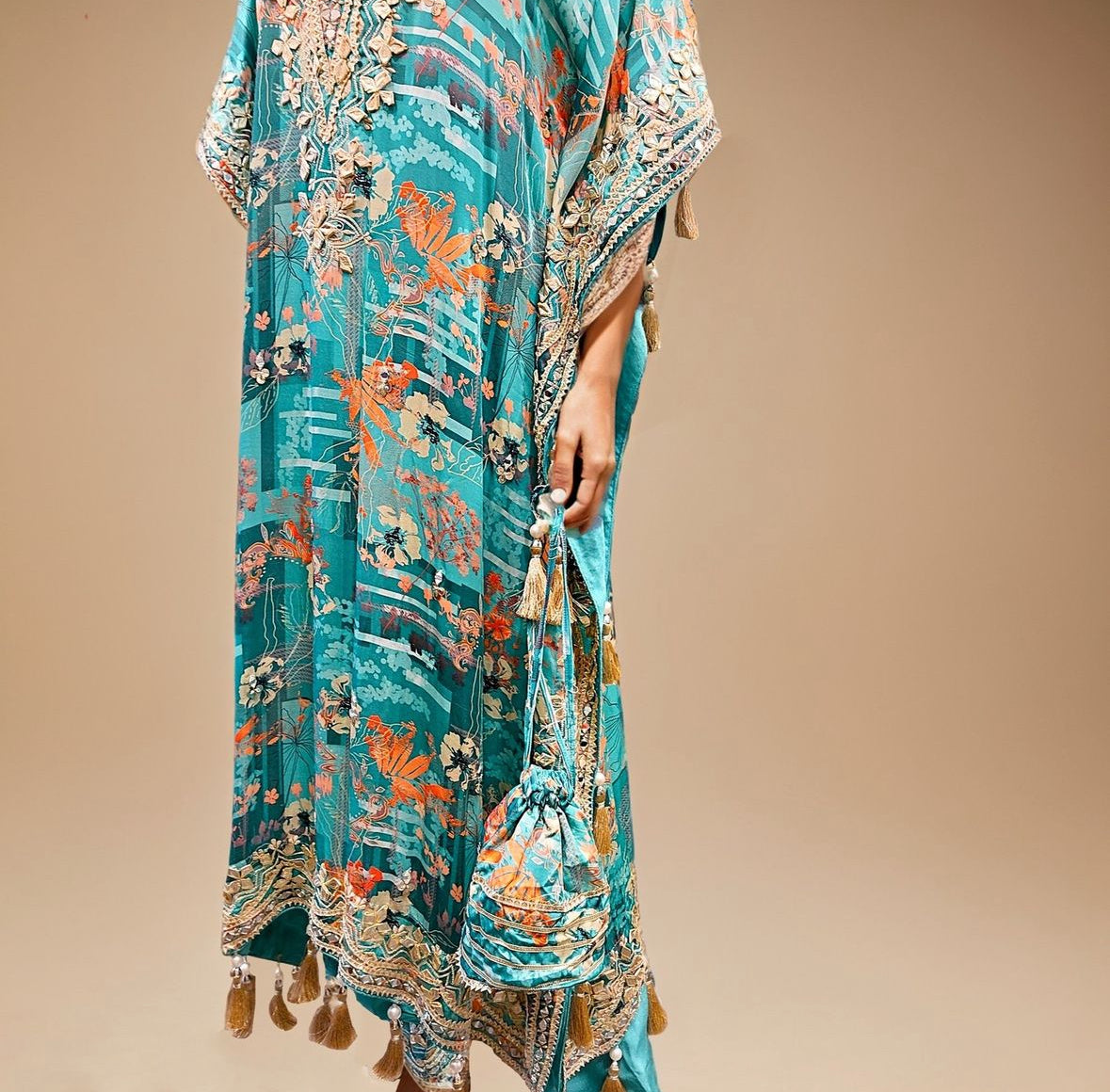 Pure Printed Crepe Kaftan with Gota Patti Work With Potli