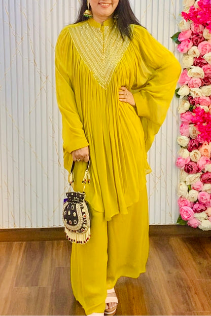Mustard Yellow Designer Sequins and Cutdana Georgette Kaftan Style Embellished Co-ord Set