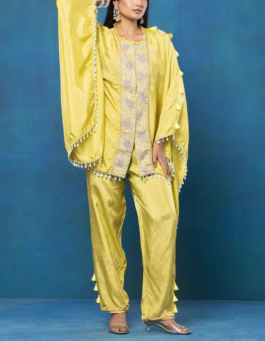 Yellow Crepe Kaftan Tunic Set