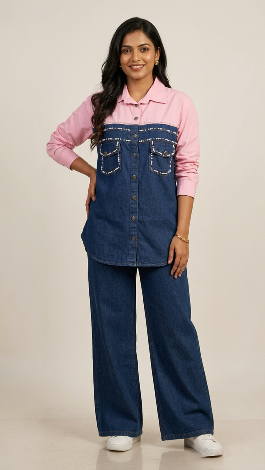 Partywear Embellished Dual Tone Denim Coord Set (Copy)