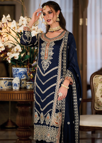 Navy Blue Mirror Work & Zari Embroidered Sharara Suit
