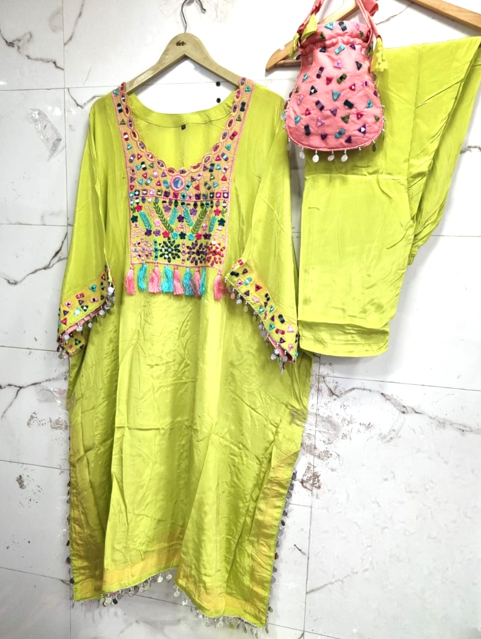 Pure Crepe Phiren/Kaftan/ Choga Co-ord Set With Potli