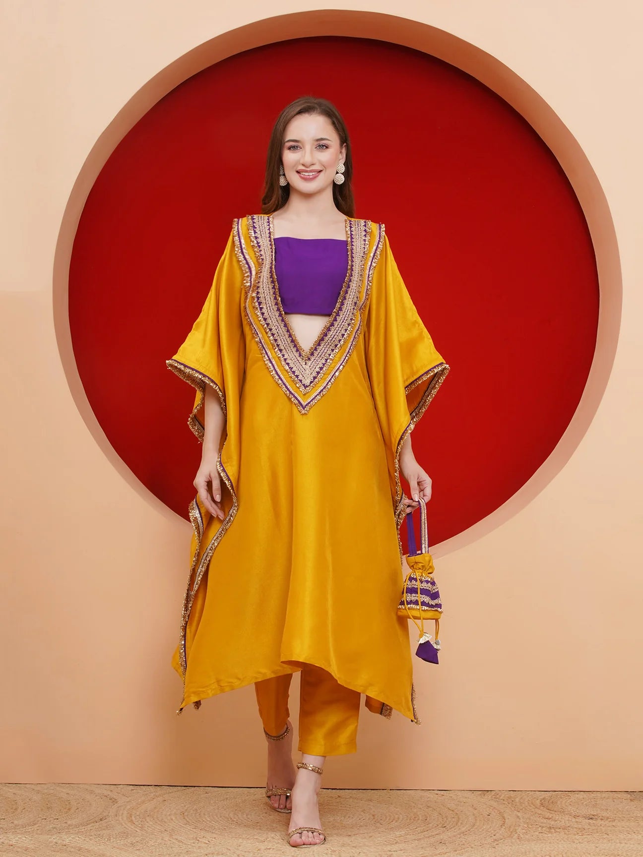 Yellow Kaftan Set with Potli