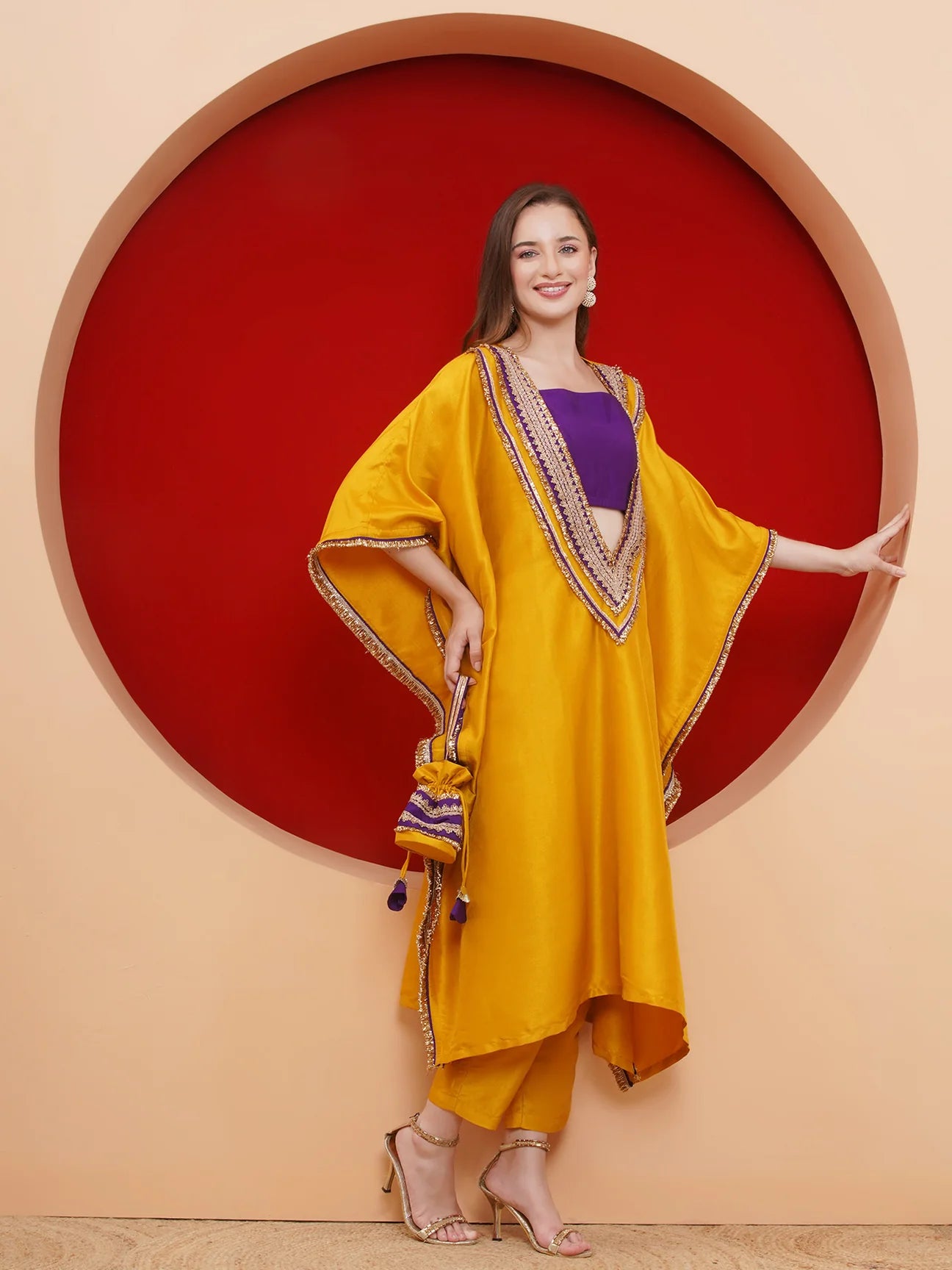 Yellow Kaftan Set with Potli