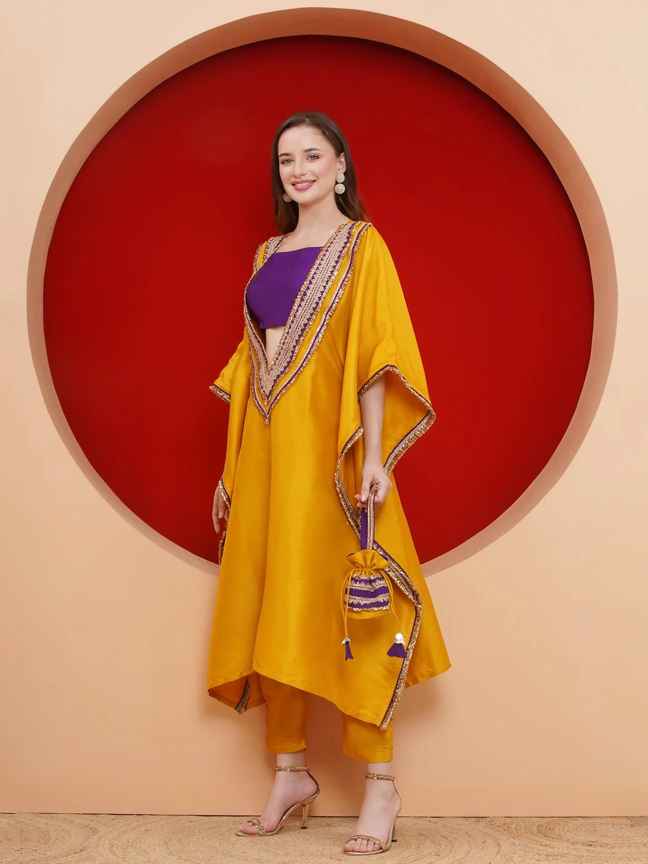 Yellow Kaftan Set with Potli