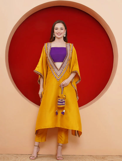 Yellow Kaftan Set with Potli