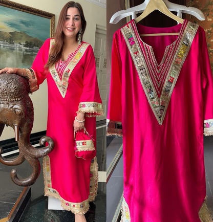Designer Partywear Silk Hot Pink Long Dress With Embroidery And Mirror Work Details With Potli
