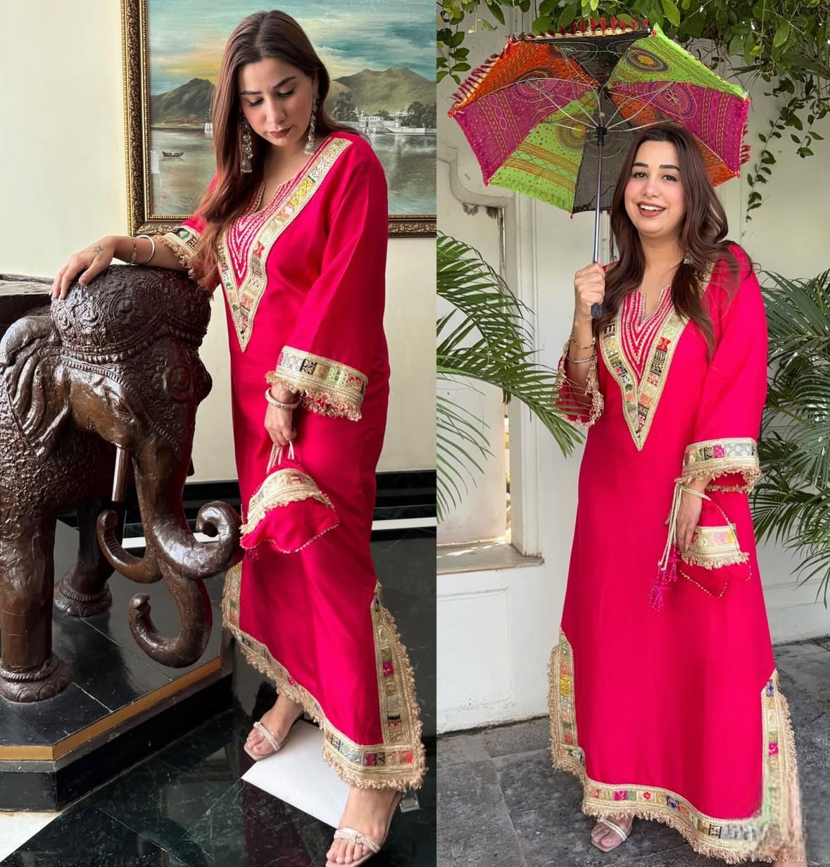 Designer Partywear Silk Hot Pink Long Dress With Embroidery And Mirror Work Details With Potli