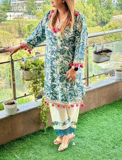 Printed Cotton co-ord set with realmirror, pom pom and crotia lace with potli