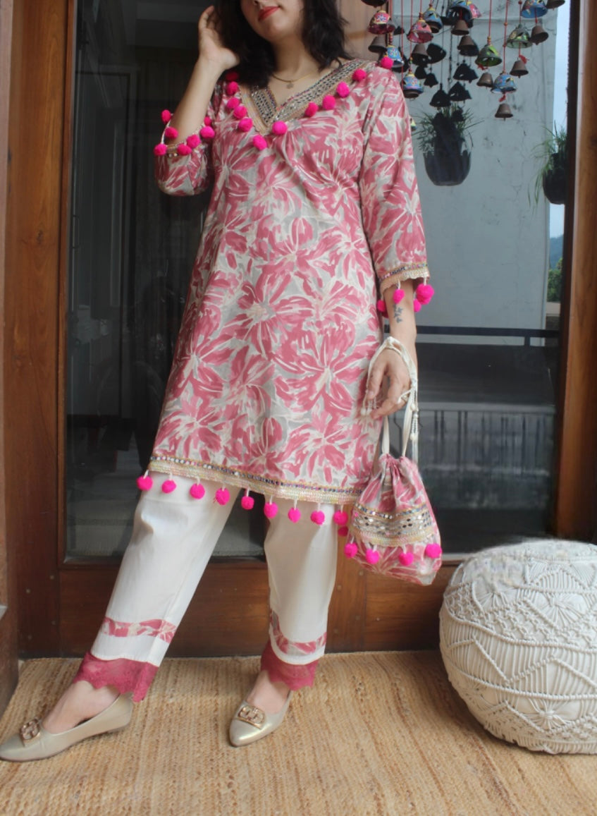 Printed Cotton co-ord set with realmirror, pom pom and crotia lace with potli